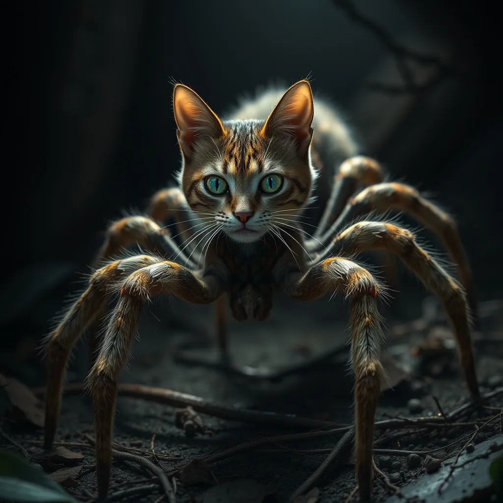 Prompt: "Create a lifelike image of a hybrid creature combining the features of a cat and a spider. The creature should have the body of a cat, with its fur and facial features, but incorporate spider-like characteristics such as multiple eyes, eight legs, and small fangs. The setting should be a natural environment, such as a dark forest or a quiet corner of a room, with shadows and soft lighting adding to the eerie yet captivating atmosphere. The cat-spider should appear both graceful and unsettling, blending the qualities of both animals seamlessly."