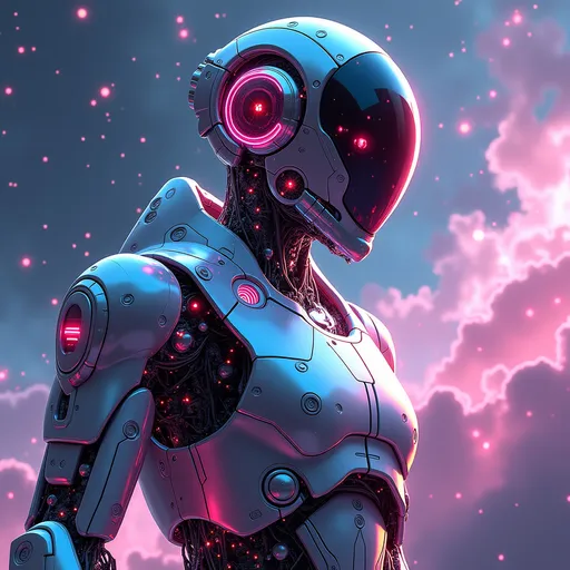 Prompt: A digitally animated image presents a surreal scene of a meteorite mariner in an anime world. The central figure is a robotic sailor crafted from polished chrome and gleaming glass, adorned with intricate circuitry and pulsing neon lights. The background is a swirling galaxy of vibrant hues contrasting with the sleek, futuristic design of the mariner. This stunning digital painting captures the essence of a high-tech space exploration adventure.


