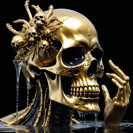 Prompt:  cyberpunk style,highly detailed, H dark backg, a gold skull with a large hand on it's face in water with a black background and a black background, Dirk Crabeth, gothic art, gold, a surrealist sculpture