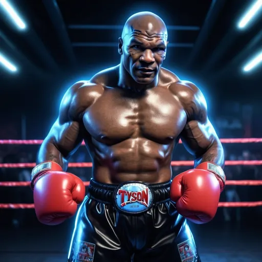 Prompt: Realistic Famous Boxer Iron Mike Tyson as a robot, (futuristic design), mechanical body, metallic skin, glowing blue eyes, athletic pose, nearly imposing stature, (dynamic background) boxing ring setting, neon lighting, (dramatic atmosphere), high tension, (vibrant colors), showcasing strength and agility, (4K), ultra-detailed design, intense expression.