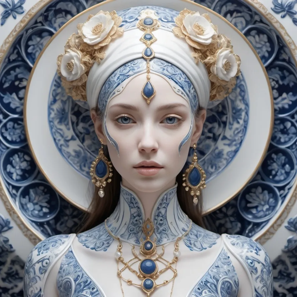 Prompt: (woman made out of porcelain), balanced symmetry, white and blue tones, hints of gold, detailed facial features, organic forms, meticulous portraiture, complex patterns, high-detailed, 4K, ultra-realistic, captivating and serene, ethereal atmosphere, intricately designed background, high contrast, crisp detailing, soft and elegant lighting, warm and inviting mood.