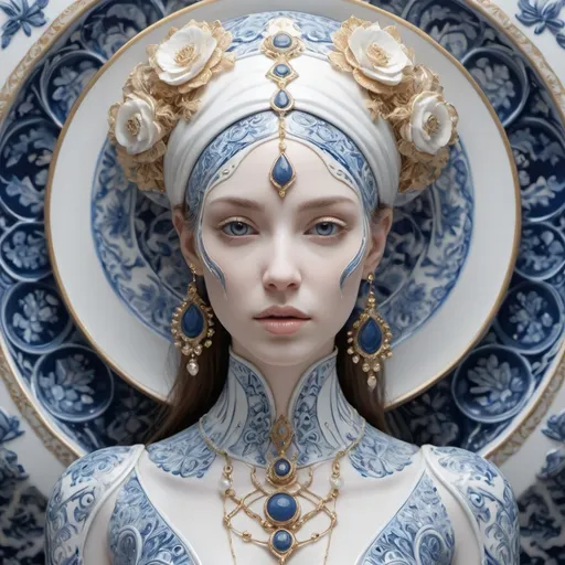 Prompt: (woman made out of porcelain), balanced symmetry, white and blue tones, hints of gold, detailed facial features, organic forms, meticulous portraiture, complex patterns, high-detailed, 4K, ultra-realistic, captivating and serene, ethereal atmosphere, intricately designed background, high contrast, crisp detailing, soft and elegant lighting, warm and inviting mood.
