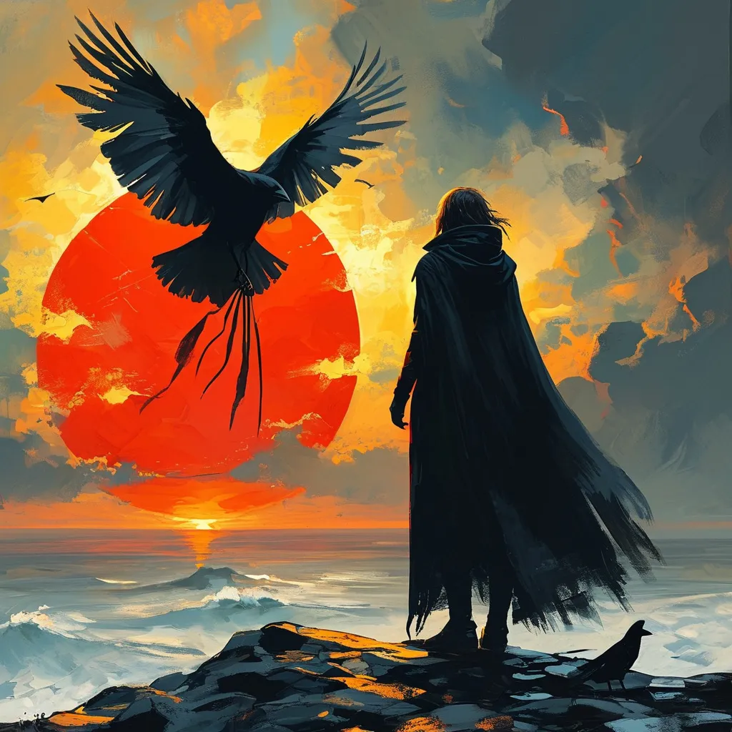 Prompt: Imagine a digital illustration of a person standing in front of a large red sun with a large black bird perched on top of it. The person is wearing a long black cloak and is standing on a rocky shore with a wooden bridge in the background. The sky is filled with dark clouds and the sun is shining brightly, creating a dramatic and ominous atmosphere. The bird appears to be a raven, with its wings spread wide and its head turned to the side. The overall mood of the image is dark and foreboding.