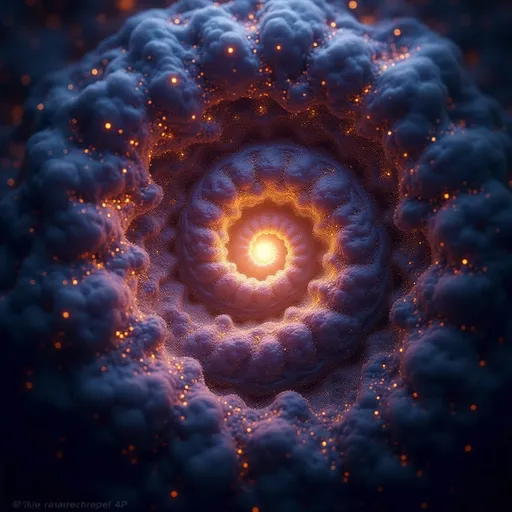 Prompt: Cosmic Fractal Spiral: A mesmerizing spiral fractal resembling a galaxy, with swirling colors of deep purple, blue, and gold. Stars and nebulae intertwine in complex, infinite loops, glowing brightly in hyper-realistic 4K detail.
