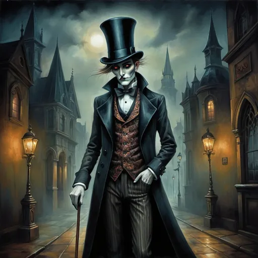 Prompt: (Esao Andrews style), a sinister man in a top hat and elaborate coat, holding a cane, dark and moody atmosphere, gothic art elements, intricate details, deep shadows contrasting against vibrant highlights, stylized facial features, an eerie background with gothic architecture, ultra-detailed, digital painting, high-quality, captivating composition that evokes mystery and intrigue.