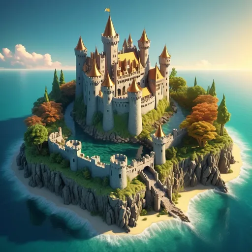 Prompt: miniature (isometric world render), medieval castle, surrounded by crystal clear water, shimmering Atlantic Ocean, vibrant colors, intricate details, high depth and cinematic quality, golden sunrise reflecting on the water, lush greenery around the castle, serene and idyllic atmosphere, ultra-detailed, high quality, captivating scene capturing the essence of a fantasy realm.