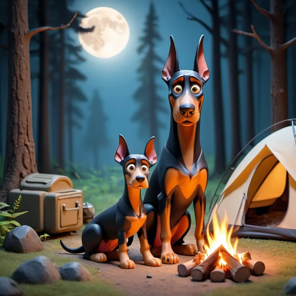 Prompt: 3d sculpted clay style A happy Doberman  dog father and his baby son camping in the woods, in the style of Disney, as cartoon characters in a full body portrait, in the style of Pixar art illustration with big eyes, fluffy fur, big head, and a serious face expression, in a happy atmosphere, with a campfire burning, and happy smiling faces, with a background of a forest at night with moonlight shining through the trees, in high resolution.