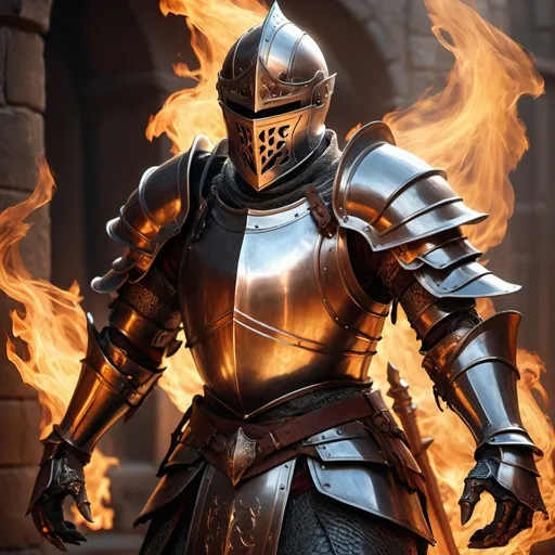 Prompt: hyper-realistic Human Knight character with fire hands, fantasy character art, illustration, dnd, warm tone