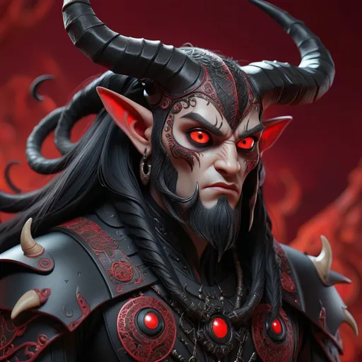 Prompt:  Create a hyper-realistic detailed intricate humanoid creature which shows a humanoid creature with large, curved black horns protruding from the head, wearing a dark harness-like outfit with intricate designs, and long black hair cascading down the back against a deep red background. The creature has glowing red eyes and slightly transparent horns.