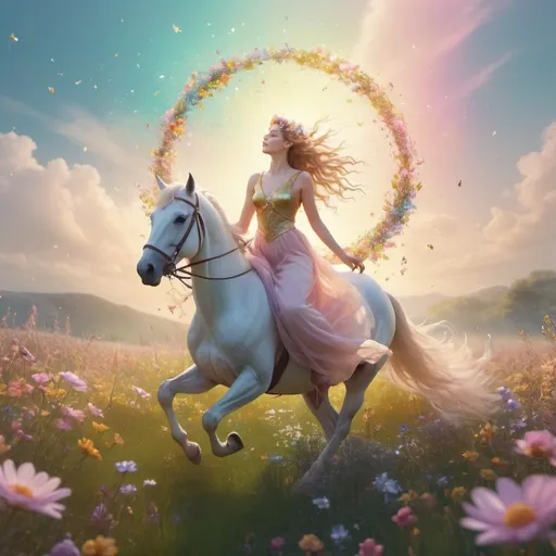 Prompt: Spring goddess/goddess riding the spring breeze floating above the medow with colorful delicate flowers blooming in her wake/heavenly/ethereal/pastel colors/vibrant/ magical, sparkle, iridescent, Golden particle glitter, shimmer/wide shot/8k resolution/digital matte painting/photorealistic/