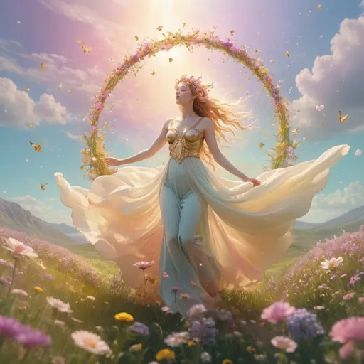 Prompt: Spring goddess/goddess riding the spring breeze floating above the medow with colorful delicate flowers blooming in her wake/heavenly/ethereal/pastel colors/vibrant/ magical, sparkle, iridescent, Golden particle glitter, shimmer/wide shot/8k resolution/digital matte painting/photorealistic/