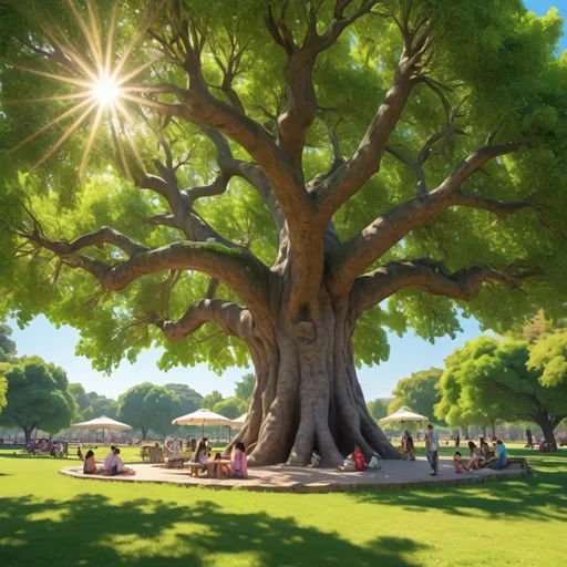 Prompt: (Arbol milenario) en medio de un parque, mucha zona verde, personas recreándose, vibrant colors, lush greens, towering ancestral tree, joyful atmosphere, tranquil scene, sunlit park, families and friends picnicking, children playing, scenic beauty, natural light, serene sky, artistically detailed, highly detailed foliage, photorealistic, 4K, vibrant flowers, shadows and highlights balanced, majestic backdrop, lenses flare effect.