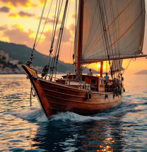 Prompt: turkbuku boat, intricately designed wooden hull, sleek and elegant lines, detailed rigging, vibrant colors reflecting a sunset, tranquil coastal waters, soft golden light, gentle waves lapping against the boat, serene ambiance, picturesque view capturing the essence of Turkish craftsmanship, high-quality, ultra-detailed, breathtaking composition, idyllic maritime scene
