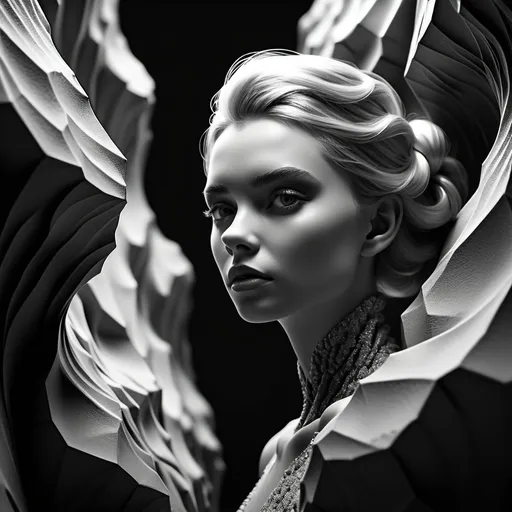 Prompt: English silver, extreme detail, breathtaking black and white 3D render, elegant rock formation, striking textures, dramatic lighting, ethereal atmosphere, intricate shadows, high depth, ultra-detailed, cinematic quality, bold contrast, capturing the essence of Elsa Bleda's unique style, stunning visual representation, modern artistry.
