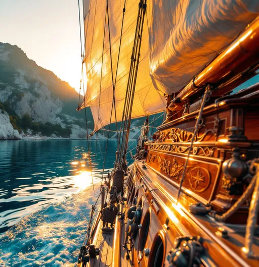 Prompt: turkbuku boat, intricately designed wooden hull, sleek and elegant lines, detailed rigging, vibrant colors reflecting a sunset, tranquil coastal waters, soft golden light, gentle waves lapping against the boat, serene ambiance, picturesque view capturing the essence of Turkish craftsmanship, high-quality, ultra-detailed, breathtaking composition, idyllic maritime scene