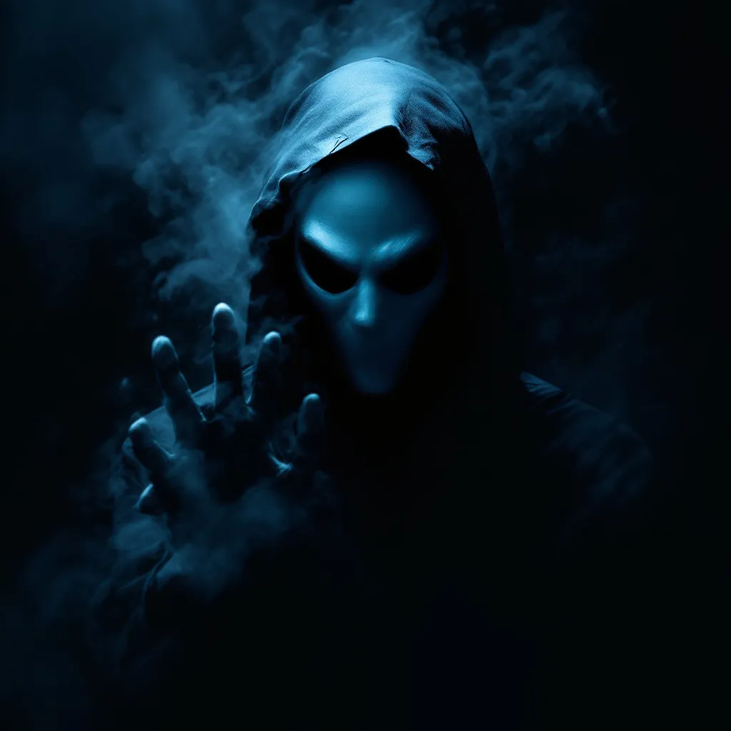 Prompt: white-masked man, eerie atmosphere reminiscent of Slender Man, dark shadows enveloping the figure, menacing presence, contrasting whiteness of the mask against deep blacks, chilling ambiance, tense suspenseful mood, dramatic lighting highlighting tension, ultra-detailed, high definition, mystery-filled background, unsettling yet captivating scene that evokes fear and intrigue.