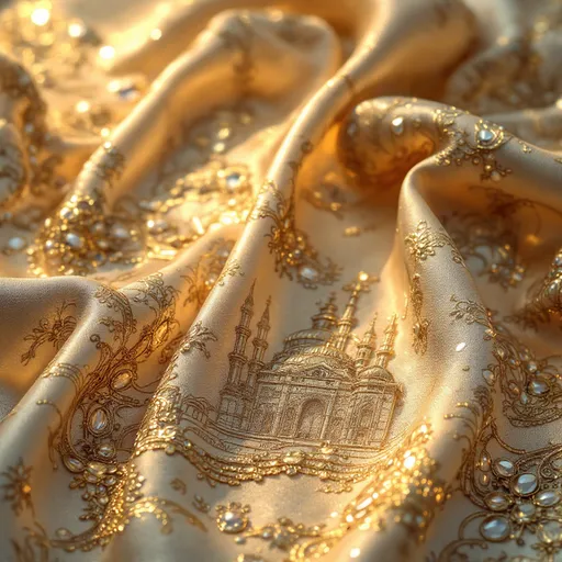 Prompt: silk white surface, intricate ceramic motif engravings, detailed depictions of Constantinople architecture, finely crafted patterns and designs, delicately embossed textures, soft lighting enhancing the motifs, elegant composition, artistic display, high definition, stunning realism, glimmering reflections on silk, evocative atmosphere of historical elegance.