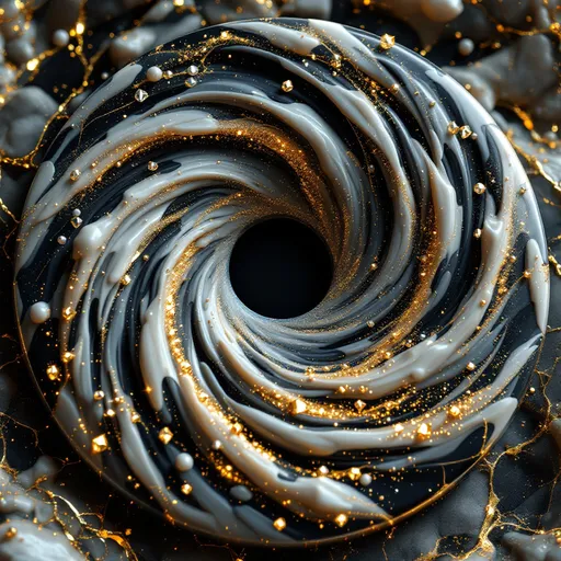 Prompt: engraving of a black hole swirling with diamonds on a silver gold marble medallion, intricate detail, reflective textures, shimmering diamonds, swirling cosmic colors, high depth, elegant atmosphere, luxurious design, artistic craftsmanship, golden highlights, ultra-detailed, overall opulent tone, encapsulating beauty and mystery of the cosmos