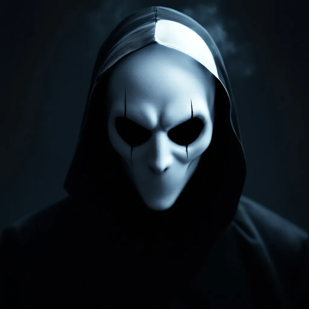 Prompt: white-masked man, eerie atmosphere reminiscent of Slender Man, dark shadows enveloping the figure, menacing presence, contrasting whiteness of the mask against deep blacks, chilling ambiance, tense suspenseful mood, dramatic lighting highlighting tension, ultra-detailed, high definition, mystery-filled background, unsettling yet captivating scene that evokes fear and intrigue.