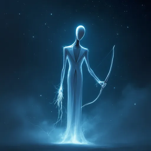 Prompt: slender man's white shiny silhouette, representing an archer, ethereal ambiance, cool tones, glimmering stars surrounding the figure, striking contrast against a deep night sky, emphasizing a mystical presence, high depth cinematic masterpiece, ultra-detailed, capturing the essence of astrology in an otherworldly atmosphere, blending horror with celestial themes.