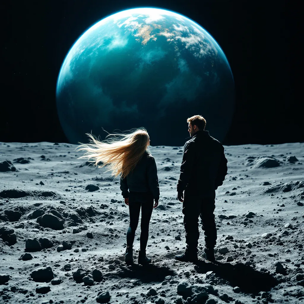 Prompt: silhouette of a blonde girl and a man. on the moon watching the earth 