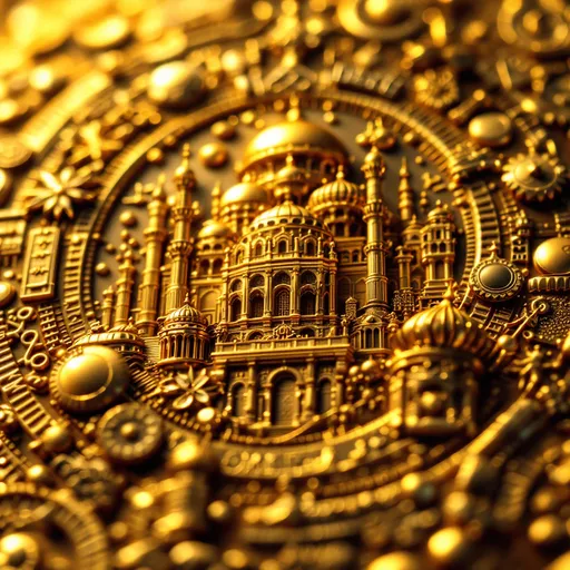 Prompt: golden medallion, intricately engraved with detailed motifs of Constantinople, showcasing iconic architecture, vibrant historical elements, and cultural significance, glistening gold finish, high resolution, ultra-detailed, dramatic lighting, luxurious ambiance, emphasizing grandeur and artistry, ornate patterns, rich textures, conveying a sense of history and magnificence.