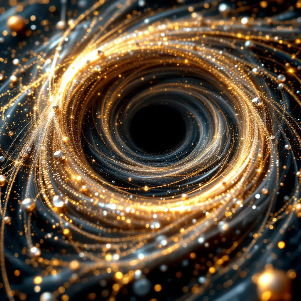Prompt: engraving of a black hole swirling with diamonds on a silver gold marble medallion, intricate detail, reflective textures, shimmering diamonds, swirling cosmic colors, high depth, elegant atmosphere, luxurious design, artistic craftsmanship, golden highlights, ultra-detailed, overall opulent tone, encapsulating beauty and mystery of the cosmos