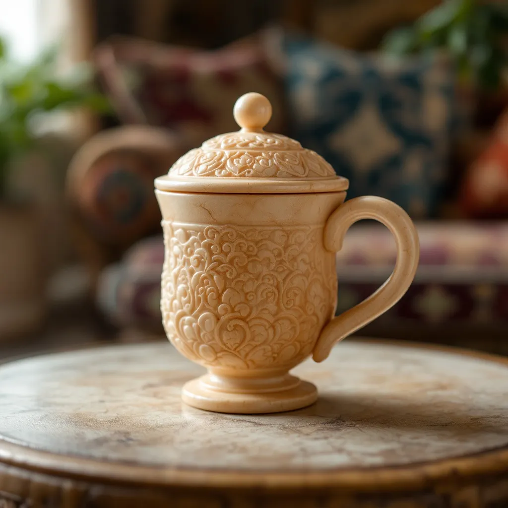 Prompt: Solid, limestone shaped like ince belli  tea cup 