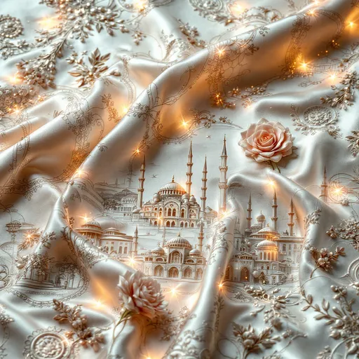 Prompt: silk white surface, intricate ceramic motif engravings, detailed depictions of Constantinople architecture, finely crafted patterns and designs, delicately embossed textures, soft lighting enhancing the motifs, elegant composition, artistic display, high definition, stunning realism, glimmering reflections on silk, evocative atmosphere of historical elegance.