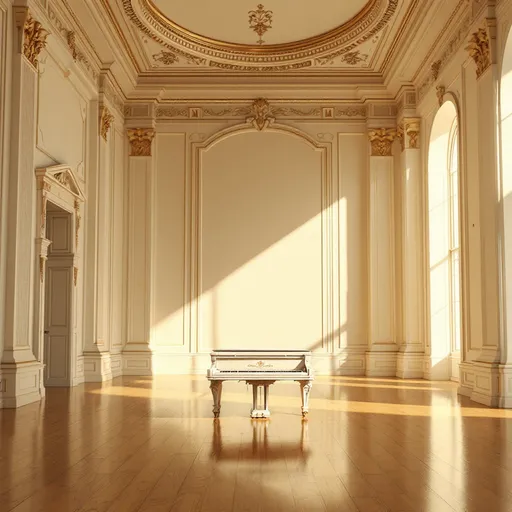 Prompt: intricate white grand piano, empty illuminated music hall, soft warm lighting, elegant ambiance, high ceilings with delicate architectural details, polished wooden floors reflecting light, serene atmosphere, subtle shadows, high detail, photorealistic, ultra-detailed, cinematic depth, tranquil setting inviting contemplation, inviting elegance and sophistication