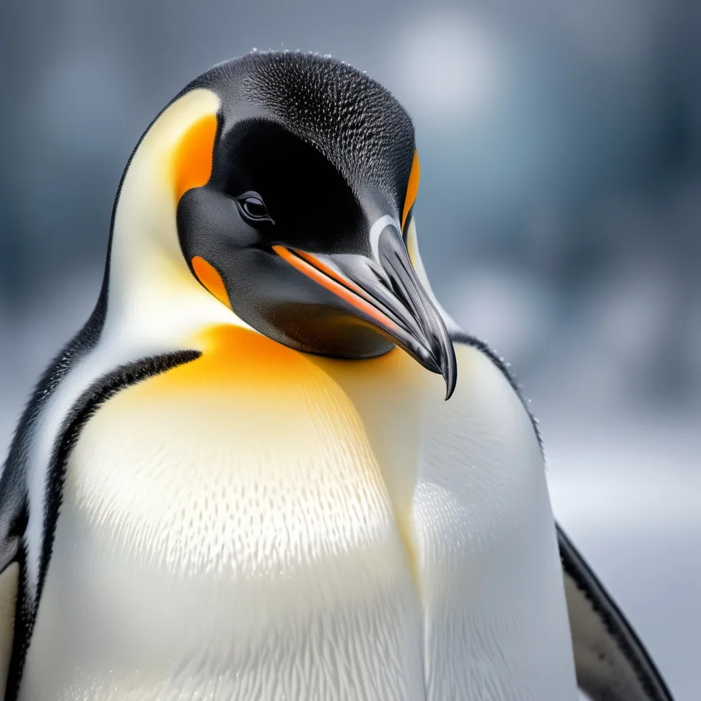 Prompt: (emperor penguin portrait), majestic and proud posture, elegant details of feathers, striking black and white contrasts, captivating orange accents around the neck, serene expression showcasing dignity, set against a cool-toned icy background, tranquil ambiance, high depth, photorealistic, ultra-detailed, capturing the penguin's natural habitat.