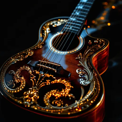 Prompt: gold latin guitar, shimmering and luxurious design, intricate details reflecting light, elegant curves, rich textures, warm golden hues, soft ambient lighting that enhances the gleam, a dark, moody background for contrast, ultra-detailed, high-quality rendition, evoking a sense of opulence and musicality, capturing the beauty and artistry of the instrument.