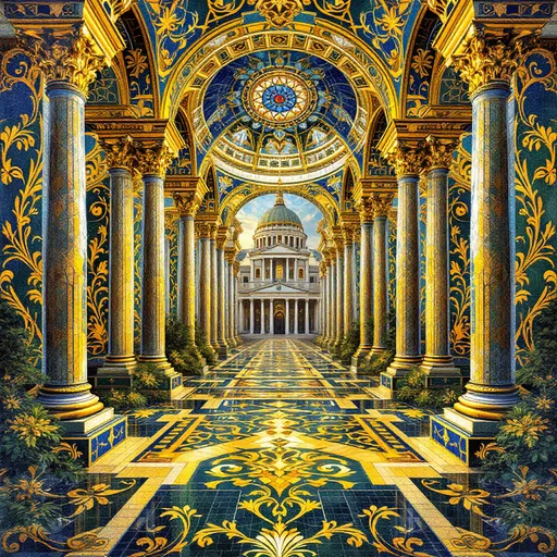 Prompt: Byzantine mosaic art, intricate patterns, vibrant colors, historical motifs, classical elements, stunning geometric designs, tailored with detailed craftsmanship, ancient architecture in the background, a warm and luminous ambiance, ultra-detailed, rich textures, inspiring history, evocative of a bygone era, layers of depth, a masterpiece of artistry.