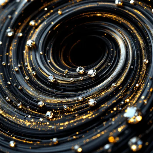 Prompt: engraving of a black hole swirling with diamonds on a silver gold marble medallion