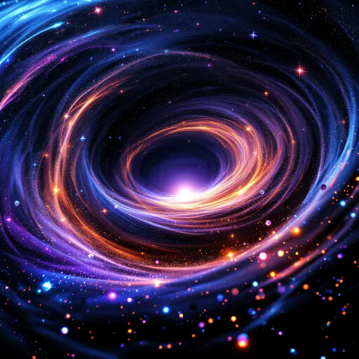 Prompt: black hole swirling with diamonds, celestial scene, sparkling gems reflecting light, cosmic colors, vibrant blues and purples, dramatic contrast against the dark void, ethereal atmosphere, mesmerizing spirals, starry background, high depth cinematic masterpiece, ultra-detailed, breathtaking visual effects, otherworldly beauty, enchanting cosmic phenomenon.
