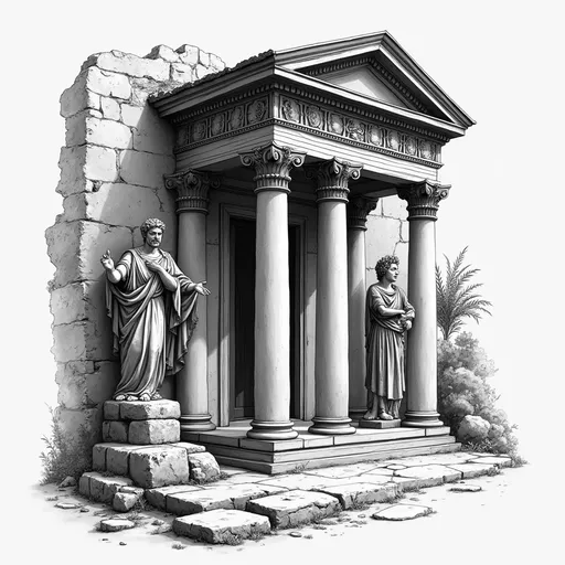 Prompt: black and white understated Hellenic Roman illustration, bold ink textures, intricate line art, elegant motifs, classical architecture, dramatic contrast between shadows and highlights, timeless beauty, capturing the essence of ancient artistry, sophisticated monochromatic tones, highly detailed, refined composition, fine detailing, perfect for a historical artwork series, evocative ambiance reminiscent of antiquity.