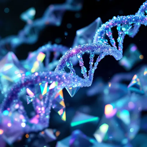 Prompt: DNA acid crystals, intricate molecular structures, vibrant colors, iridescent reflections, cool-toned palette, luminous and crystalline, high detail, ultra-detailed, scientific elegance, mesmerizing design, modern and abstract, incorporating elements of geometry, dramatic lighting, against a dark, contrasting background, creating a futuristic ambiance, perfect for a visual representation of genetic engineering and molecular biology concepts.