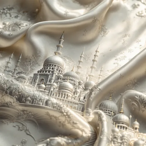 Prompt: silk white surface, intricate ceramic motif engravings, detailed depictions of Constantinople architecture, finely crafted patterns and designs, delicately embossed textures, soft lighting enhancing the motifs, elegant composition, artistic display, high definition, stunning realism, glimmering reflections on silk, evocative atmosphere of historical elegance.