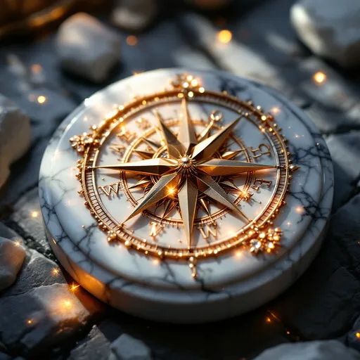 Prompt: compass engraved on a white marble medallion, intricate details, elegant design, high contrast, classical and timeless vibe, polished surface glimmering, soft shadows enhancing depth, artistic craftsmanship, 4K ultra-detailed, showcasing light reflecting beautifully off the diamond facets, historical significance, luxurious ambiance, perfect for a sophisticated collectible or decor piece.