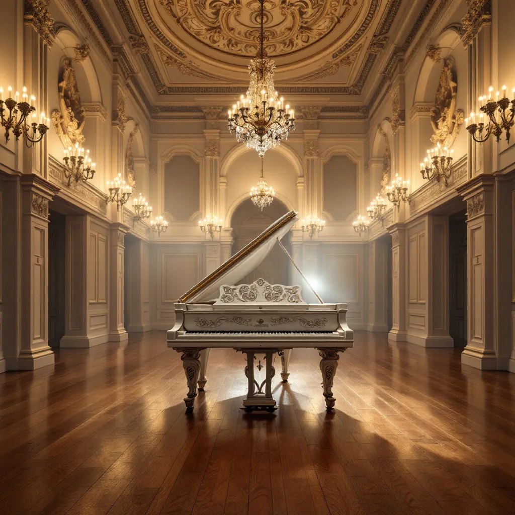Prompt: intricate white grand piano, empty illuminated music hall, soft warm lighting, elegant ambiance, high ceilings with delicate architectural details, polished wooden floors reflecting light, serene atmosphere, subtle shadows, high detail, photorealistic, ultra-detailed, cinematic depth, tranquil setting inviting contemplation, inviting elegance and sophistication