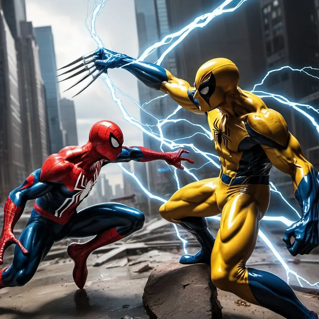 Prompt: spiderman fighting wolverine in a futuristic background. thunders are there 
