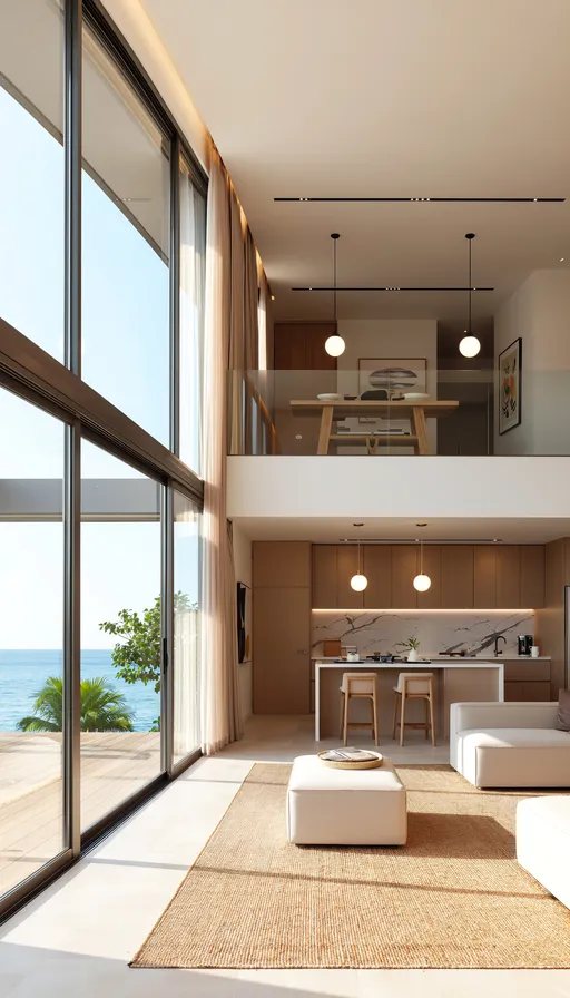 Prompt: Ultra-realistic architectural interior photography of a modern coastal luxury home.

Premium yet calm aesthetic inspired by high-end real estate interiors.
Natural daylight flooding the space, soft neutral tones, off-white, sand, light stone and pale wood.
Minimal artificial lighting, no warm lamps, clean ambient light only.

Floor-to-ceiling windows with ocean or tropical views.
Refined modern architecture, elegant proportions, uncluttered styling.
High-end materials: natural stone, light marble, linen fabrics, soft wood textures.

Lived-in but minimal, cosy and aspirational, realistic and relatable.
Selling-sunset style interior — luxurious but believable.

Professional real estate photography, sharp details, natural depth of field.
Balanced exposure, soft shadows, true-to-life materials.

No people, no text, no logos, no watermarks.