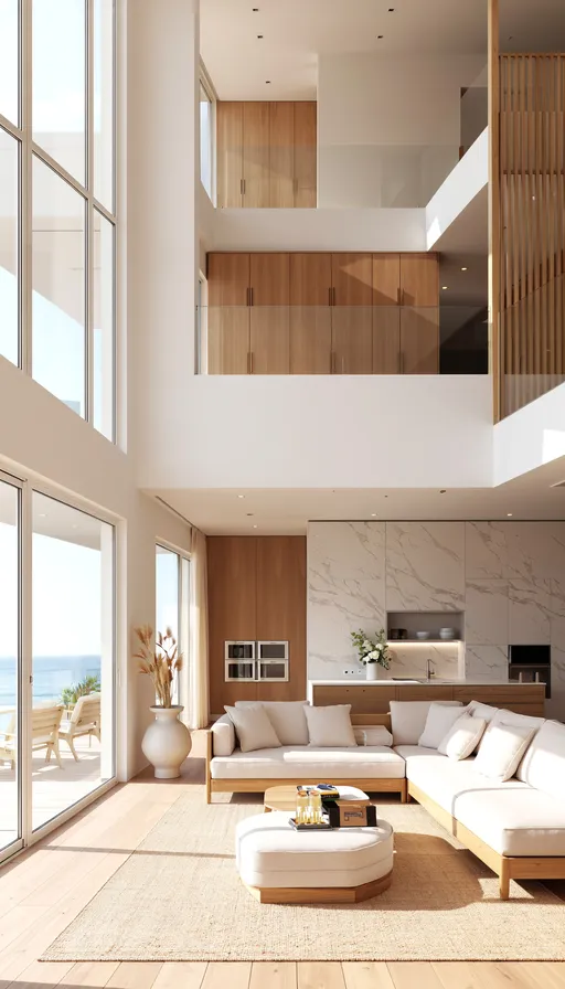 Prompt: Ultra-realistic architectural interior photography of a modern coastal luxury home.

Premium yet calm aesthetic inspired by high-end real estate interiors.
Natural daylight flooding the space, soft neutral tones, off-white, sand, light stone and pale wood.
Minimal artificial lighting, no warm lamps, clean ambient light only.

Floor-to-ceiling windows with ocean or tropical views.
Refined modern architecture, elegant proportions, uncluttered styling.
High-end materials: natural stone, light marble, linen fabrics, soft wood textures.

Lived-in but minimal, cosy and aspirational, realistic and relatable.
Selling-sunset style interior — luxurious but believable.

Professional real estate photography, sharp details, natural depth of field.
Balanced exposure, soft shadows, true-to-life materials.

No people, no text, no logos, no watermarks.