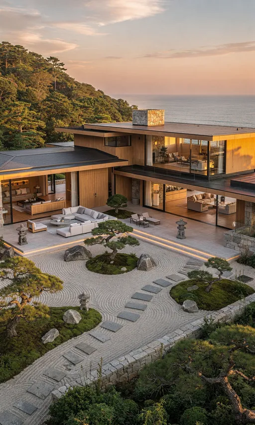 Prompt: Ultra-realistic architectural photography of a $30–40M Japanese coastal modern residence, fully expanded to reveal the entire structure and site.
Architecture: Contemporary Japanese modern villa with layered horizontal roofs, deep overhangs, warm cedar wood cladding, hand-cut natural stone walls, floor-to-ceiling glass with ultra-thin frames. Elegant, non-boxy massing. Custom-built, architect-designed — no modular forms.
Interior (visible through glass): World-class bespoke interior design only. Custom sectional sofas, sculptural stone and wood tables, integrated seating, refined neutral palette, warm indirect architectural lighting. No cheap furniture, no clutter, no filler.
Site & environment: Full estate visibility — Zen garden courtyard, raked gravel, moss, bonsai pines, stone paths, terraces. Elevated coastal hillside with distant ocean horizon and layered greenery.
Camera & framing: Elevated wide-angle drone-style perspective showing the **entire house, rooflines, courtyard, terraces, and landscape** in one coherent frame. No cropping.
Lighting: Extreme golden-hour sunset — warm amber light, soft glow on wood and stone, long calm shadows, minimal blue tones.
Style: Ultra-luxury editorial realism. Calm, aspirational, Selling Sunset–level finish.
Vertical 9:16. No people, no text, no logos.