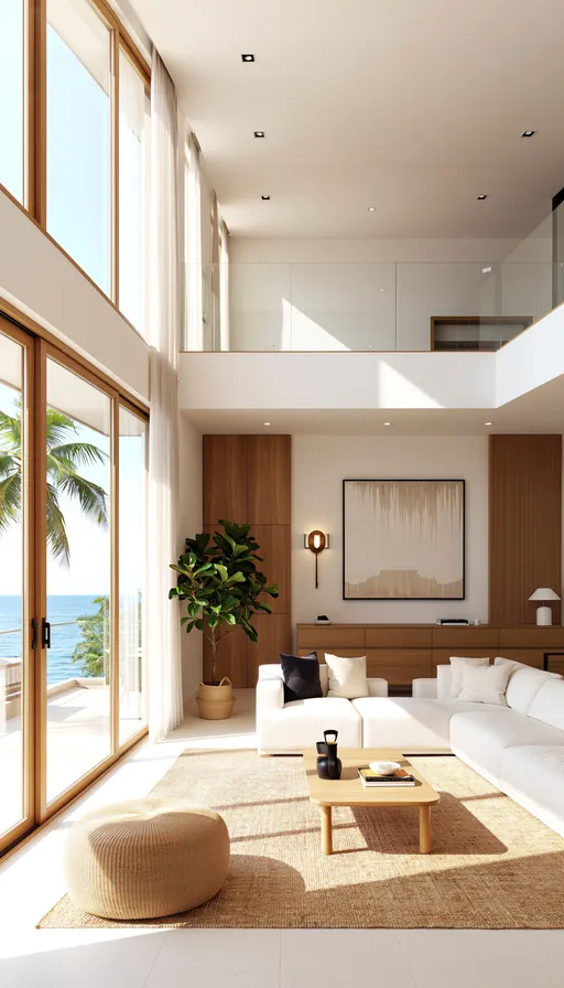 Prompt: Ultra-realistic architectural interior photography of a modern coastal luxury home.

Premium yet calm aesthetic inspired by high-end real estate interiors.
Natural daylight flooding the space, soft neutral tones, off-white, sand, light stone and pale wood.
Minimal artificial lighting, no warm lamps, clean ambient light only.

Floor-to-ceiling windows with ocean or tropical views.
Refined modern architecture, elegant proportions, uncluttered styling.
High-end materials: natural stone, light marble, linen fabrics, soft wood textures.

Lived-in but minimal, cosy and aspirational, realistic and relatable.
Selling-sunset style interior — luxurious but believable.

Professional real estate photography, sharp details, natural depth of field.
Balanced exposure, soft shadows, true-to-life materials.

No people, no text, no logos, no watermarks.