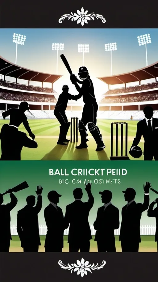 Prompt: create a poster for cricket team bidding or auction.  the scene will show people silhouette in suits raising their hand to bid  holding placards up to show prices . it should be a back view of the people  and the poster should include elements of cricket. can you include other elements of cricket inn background like bat, ball, helmet and bidding hammer?


