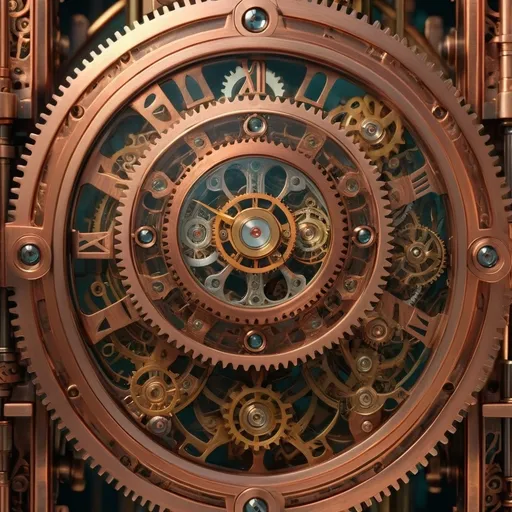 Prompt: (ancient clockwork and grids), intricate gears and mechanisms, steampunk aesthetic, rich copper and brass tones, ethereal lighting, cool undertones, elaborate designs, a sense of mystery, backdrop of intricate clockwork patterns, HD, ultra-detailed craftsmanship, whimsical ambiance with a hint of nostalgia and intrigue.