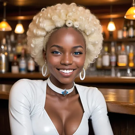 Prompt: Generate Afro-American  women with blond hair and blue eyes, there is a diadem on her had and colie on her neck, she is dressed   in white  leather costume, she is sitting in front a  bar and take a pino-kolada  and smoking a cigarette, her one lag is lying on another, she is smile and her face is shine with positive mood