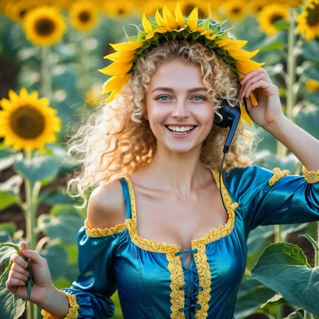 Prompt: Generate Ukrainian  women with blond curly hair and green eyes, she is dressed in a blue lather costume , she is running thru the the sunflower field, her arms are up to the sun , she is smile and her face is shine with positive mood and talking phone