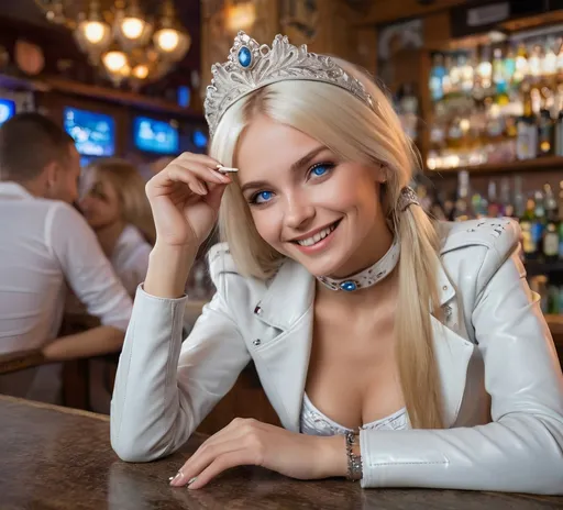 Prompt: Generate Ukrainian women with straight  wheat color hair and blue eyes, there is a diadem on her had and colie on her neck, she is dressed   in white  leather costume, she is sitting in front a  bar and take a pino-kolada  and smoking a cigarette, her one lag is lying on another, she is smile and her face is shine with positive mood